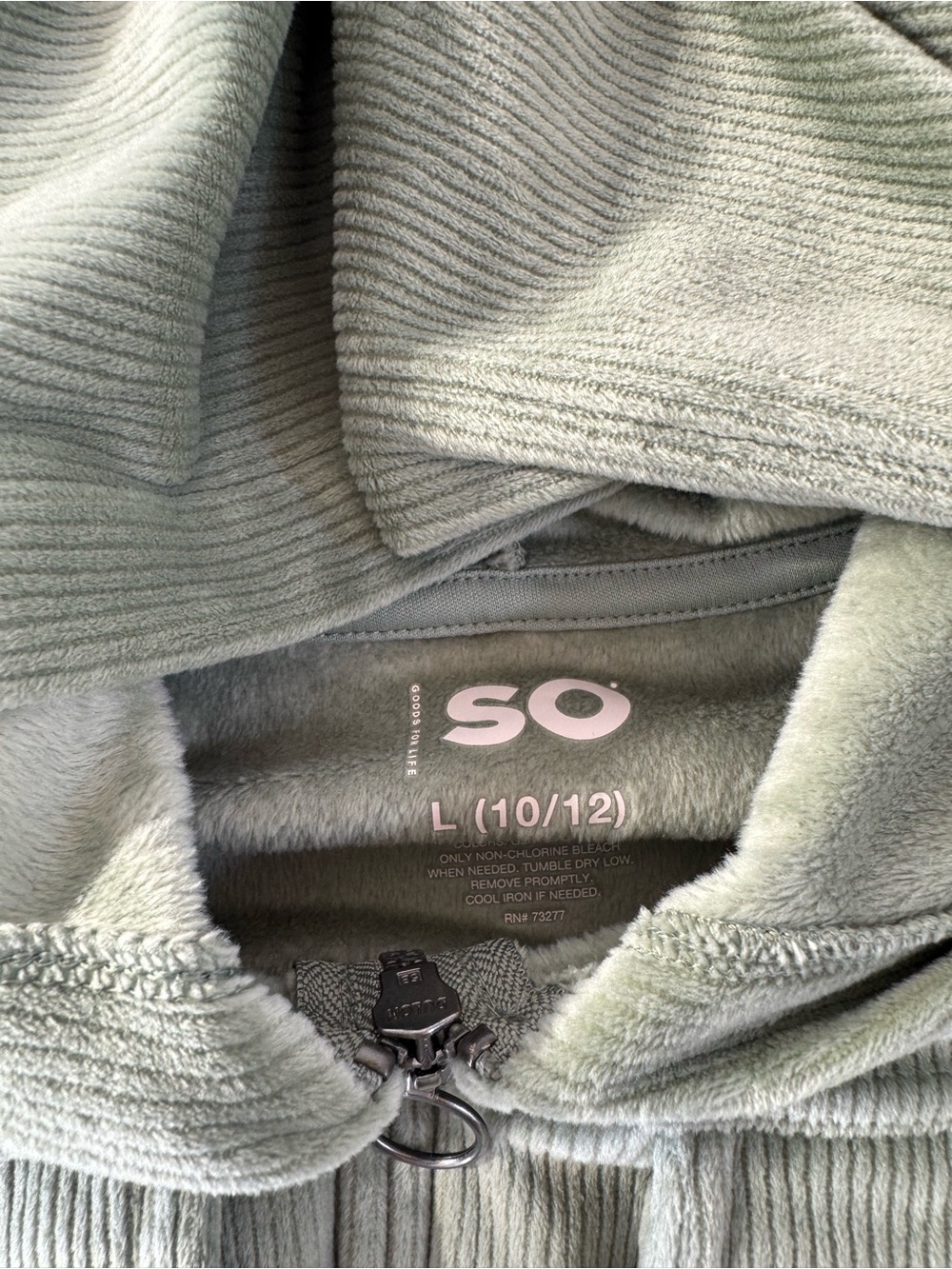 SO Large Kids Sage Green Corduroy Crop Hooded Zip-Up Jacket - Picture 3 of 6